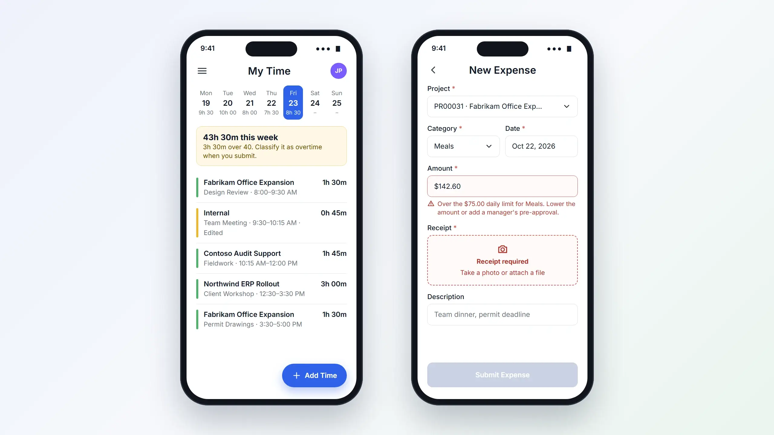 The timesheet app on two phones: a week of time entries, and an expense blocked for going over the meals limit without a receipt