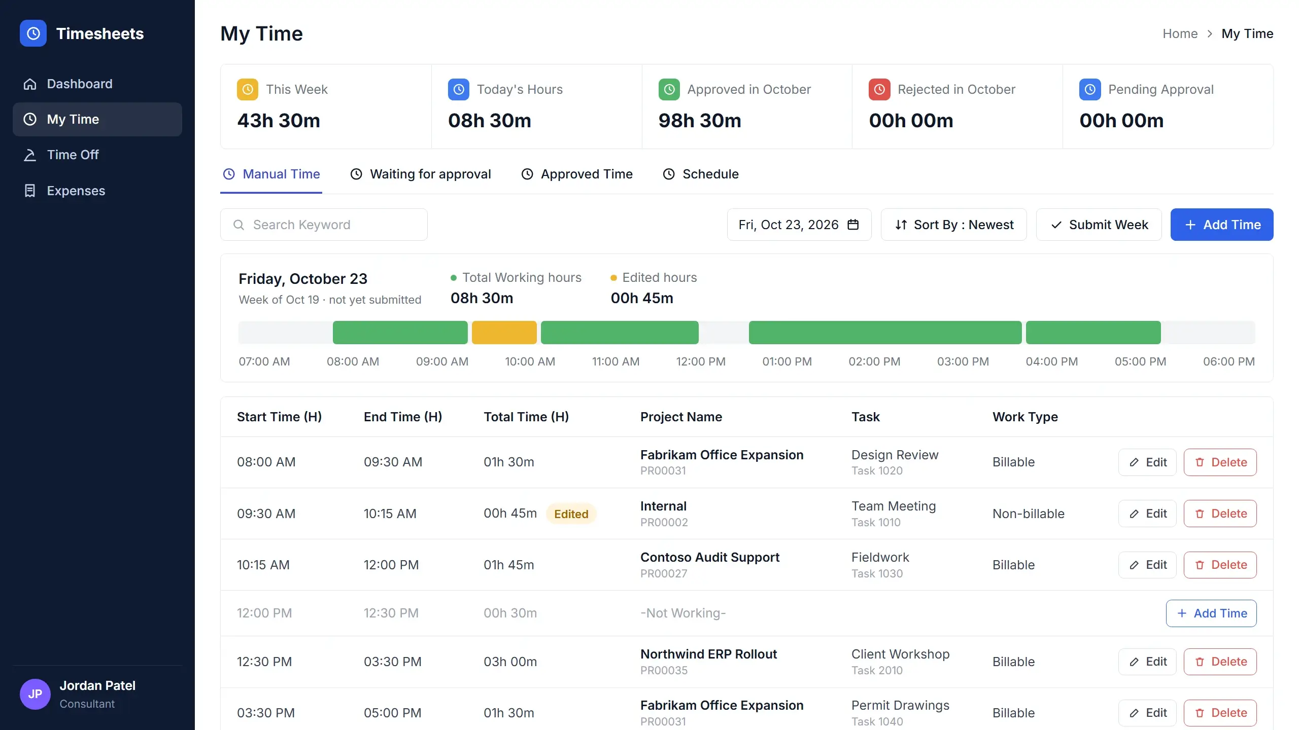 The timesheet app's My Time screen, with a day of time entries against Business Central projects and tasks
