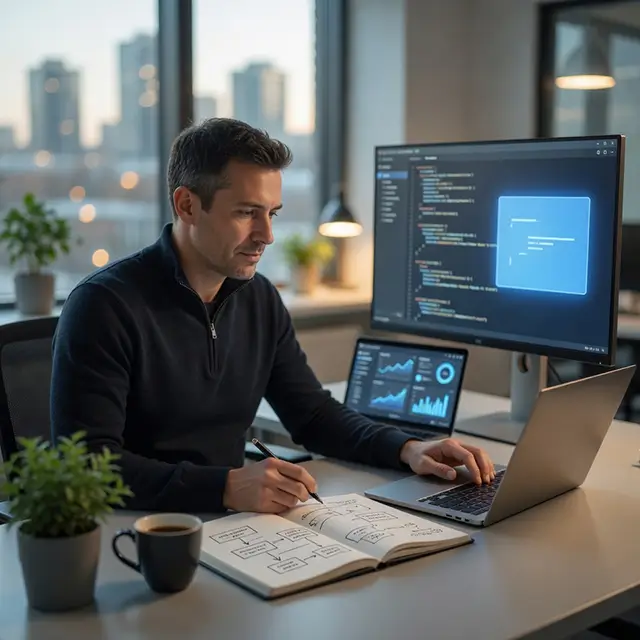 Software architect guiding an AI coding assistant to build custom software — Craftware's human + AI approach on Microsoft Dynamics 365 and Azure