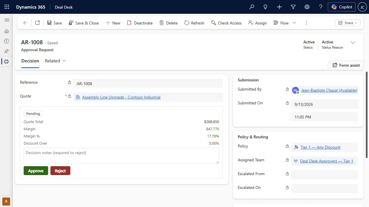 Deal Desk 365 approval request decision screen showing the quote's requested discount and margin impact next to the Approve and Reject actions