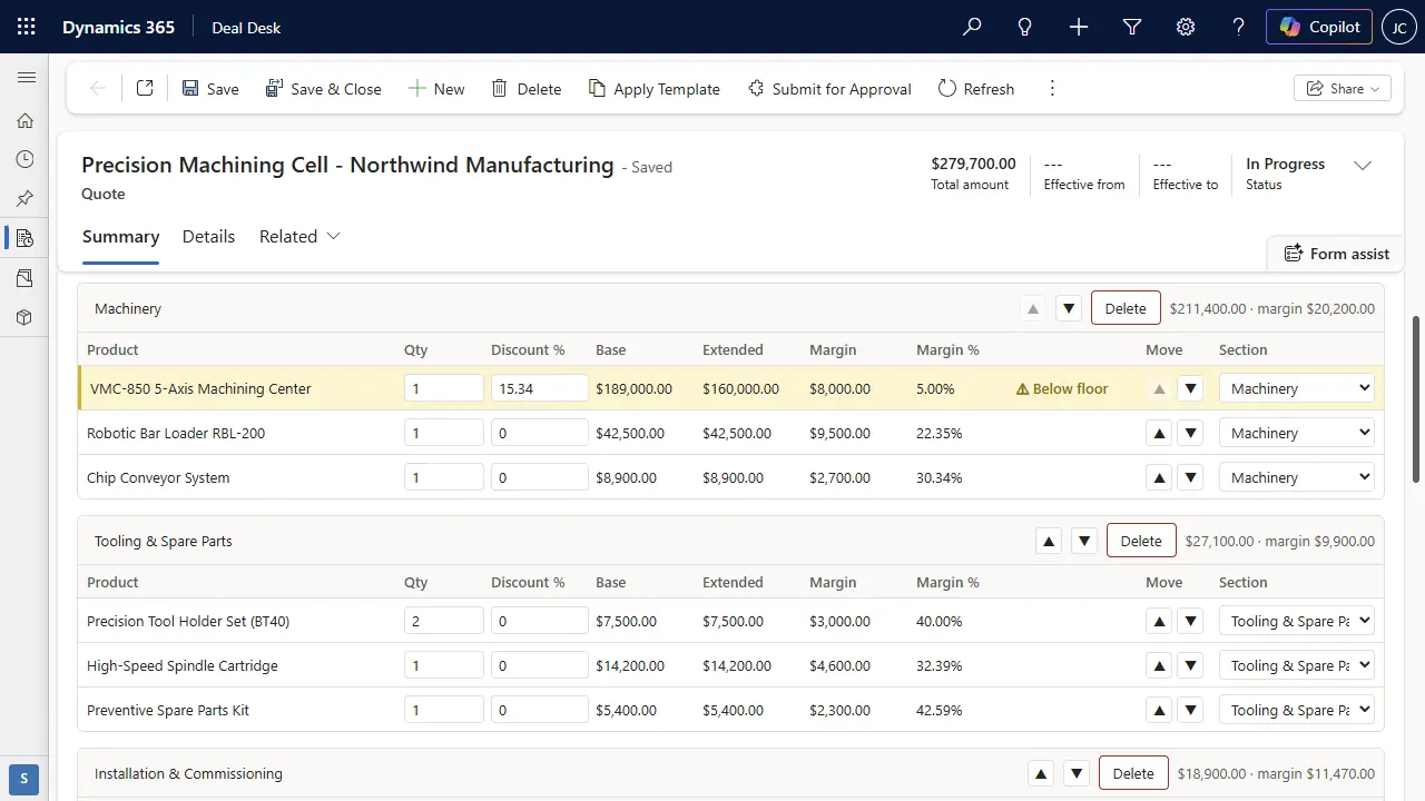 A quote line priced below its floor flagged inline in the Deal Desk 365 line editor, before the quote is submitted for approval