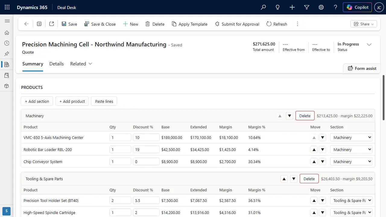 Deal Desk 365 line editor recomputing cost, margin and margin percent on a quote line as a discount is applied