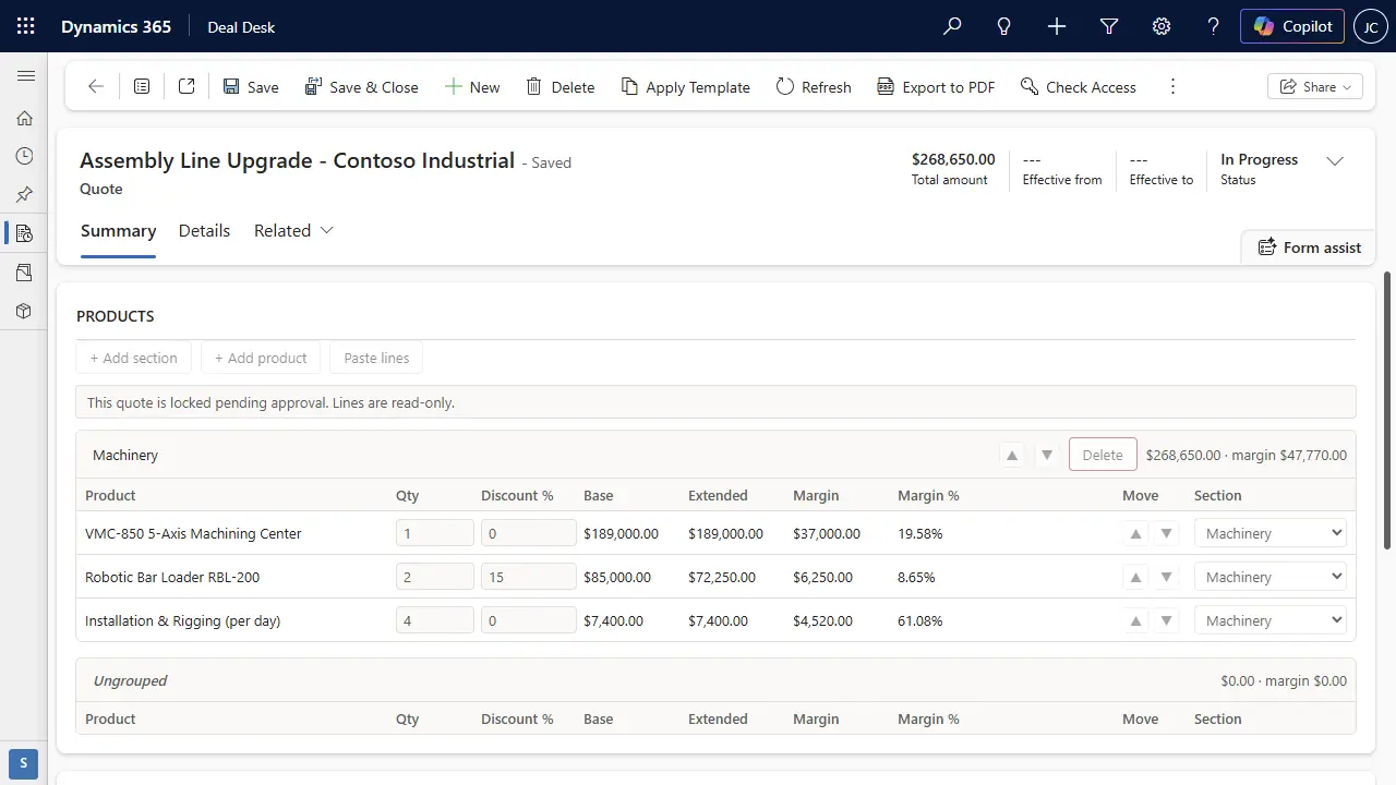 Deal Desk 365 quote line editor on a Dynamics 365 Sales quote form, with sectioned lines and cost, margin and discount columns