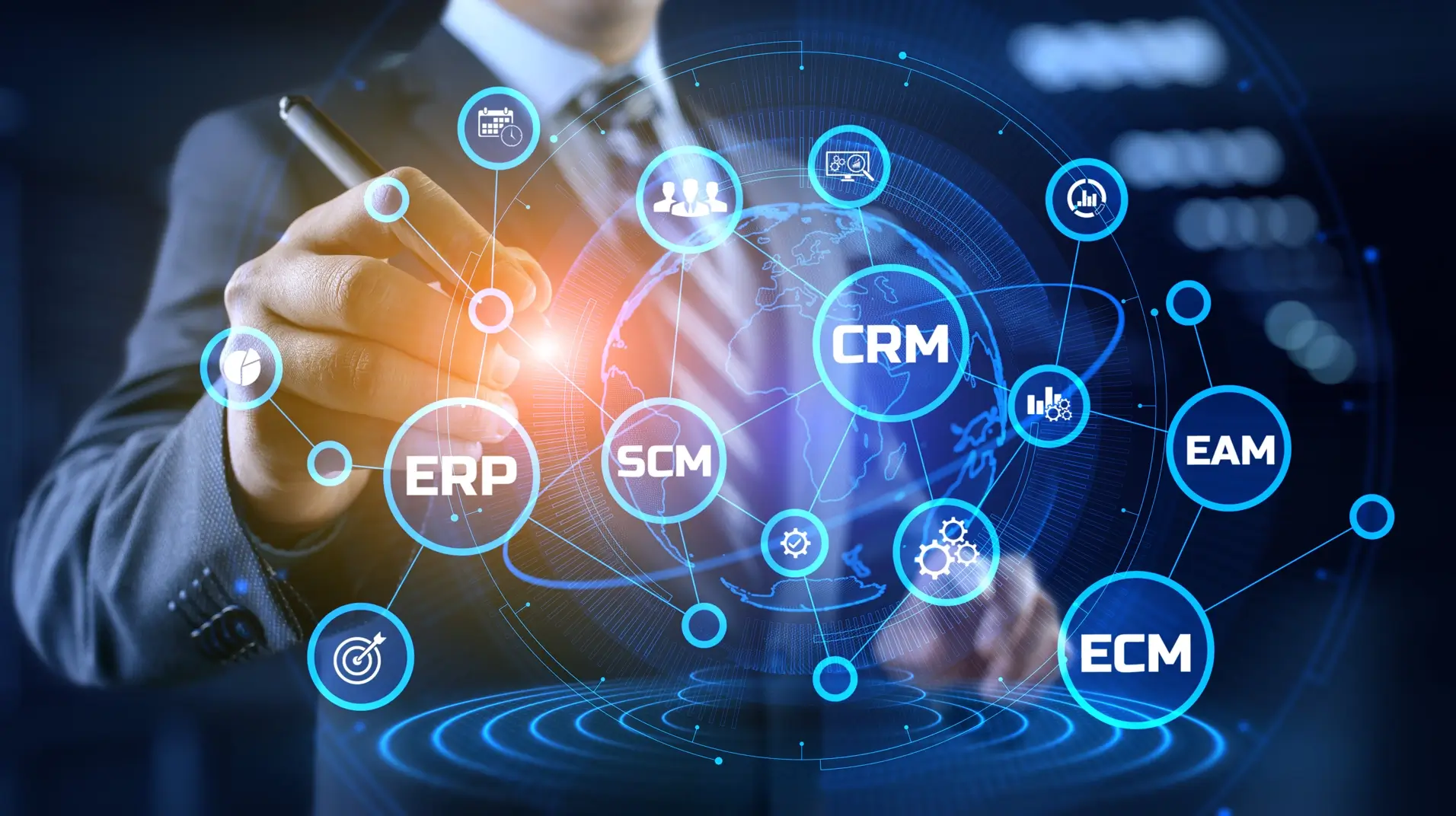 A network of interconnected business software icons representing a unified business ecosystem achieved through custom software integration.
