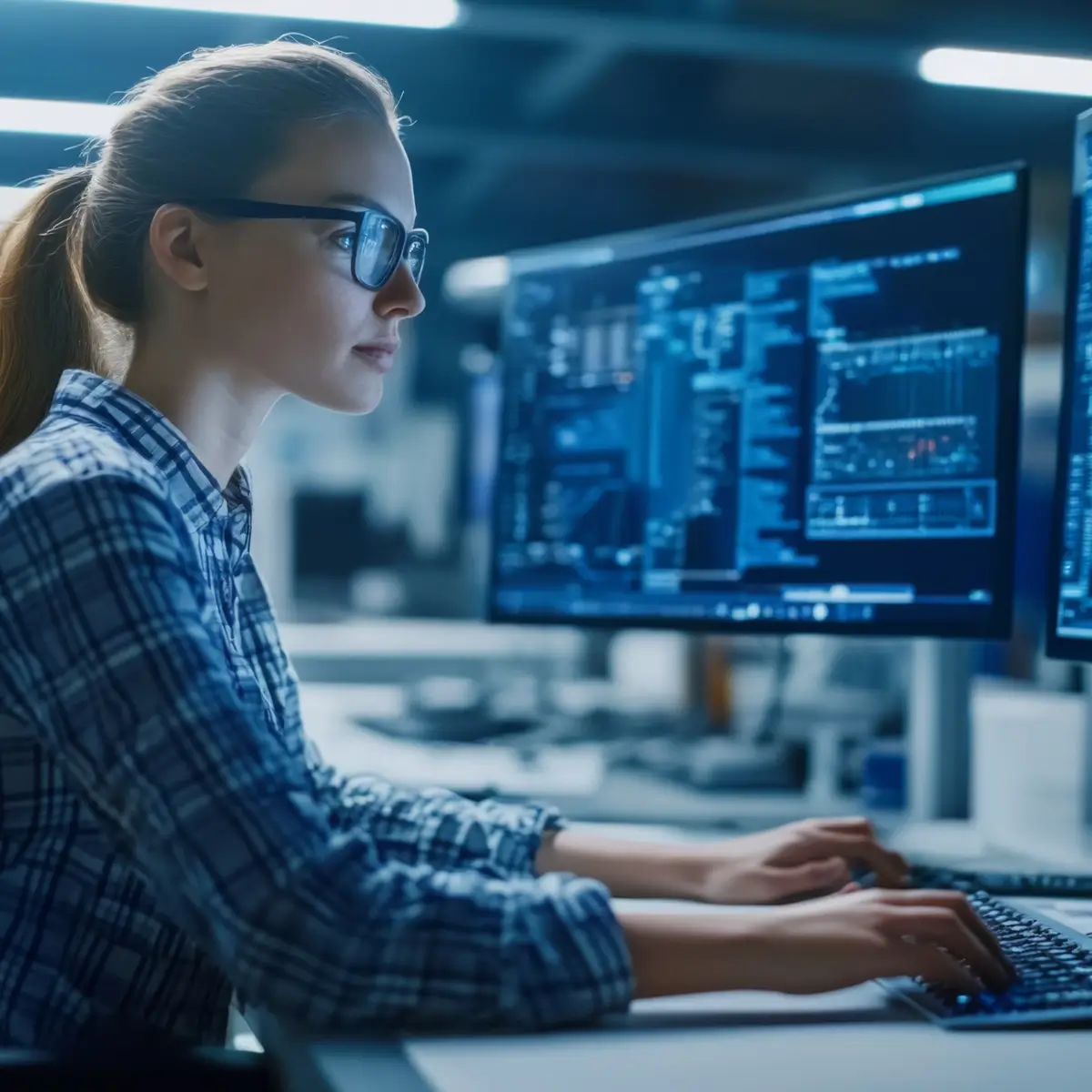 Diverse team of developers collaborating on Microsoft Dynamics 365 and Azure projects, emphasizing human expertise in custom software development at Craftware Technologies